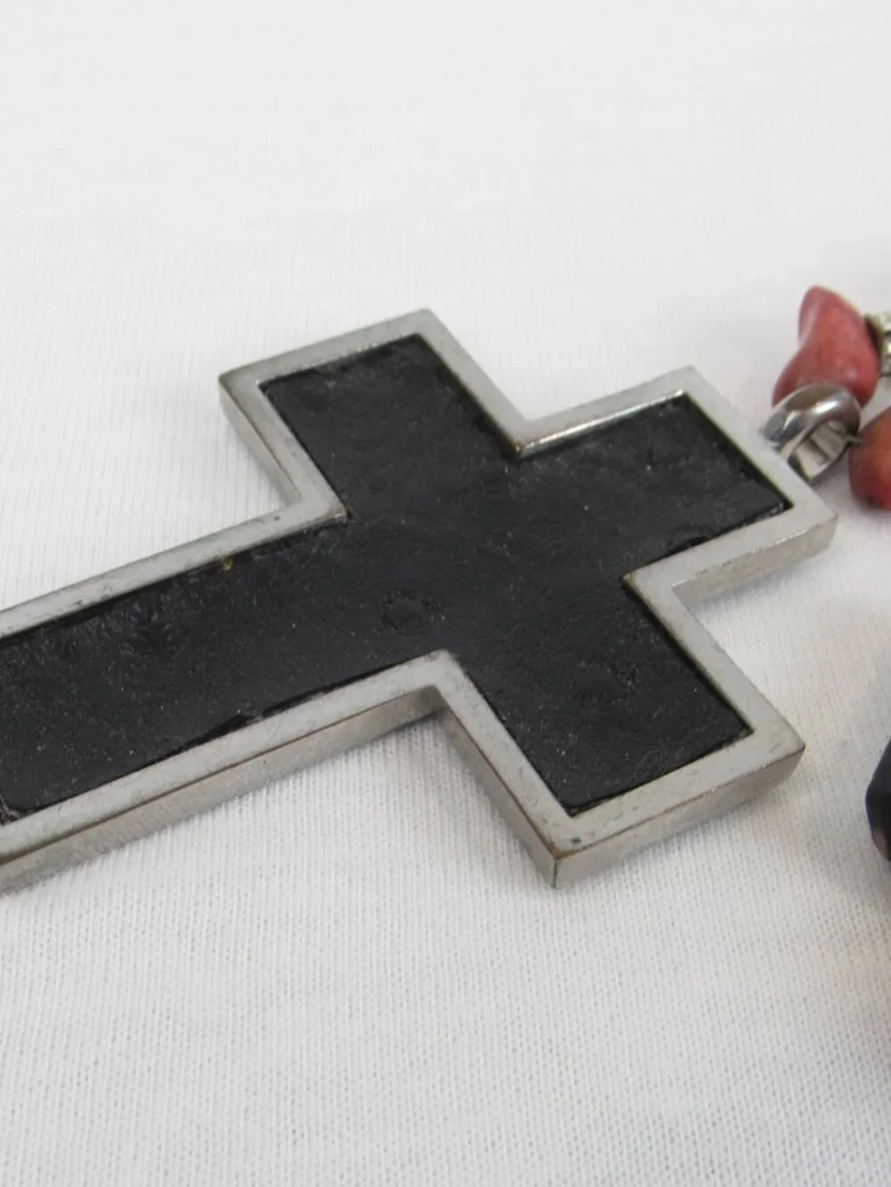 Chunky Beaded Cross Pendant Necklace Red Black Cream Southwestern Boho Statement